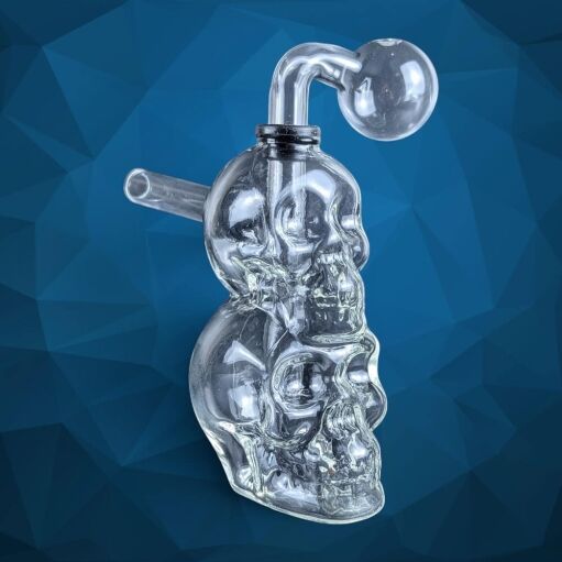 Thick Clear Glass Double Skull Oil Burner Rig - 04