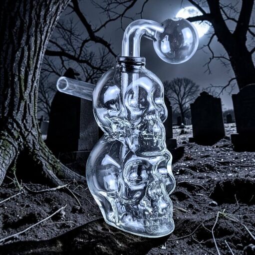 Thick Clear Glass Double Skull Oil Burner Rig - 01