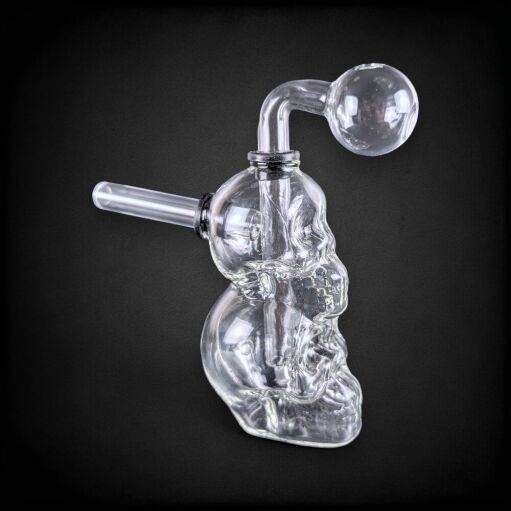 Thick Clear Glass Double Skull Oil Burner Rig - 02