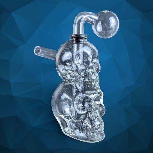 Thick Clear Glass Double Skull Oil Burner Rig - 04