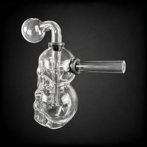 Thick Clear Glass Double Skull Oil Burner Rig - 05